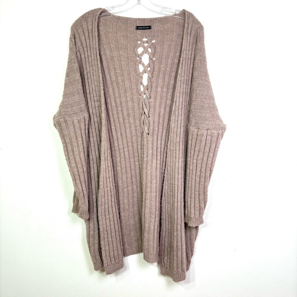 MADE IN ITALY Artsy Minimalist Lagenlook Mohair Wool Blend Ribbed Open Cardigan